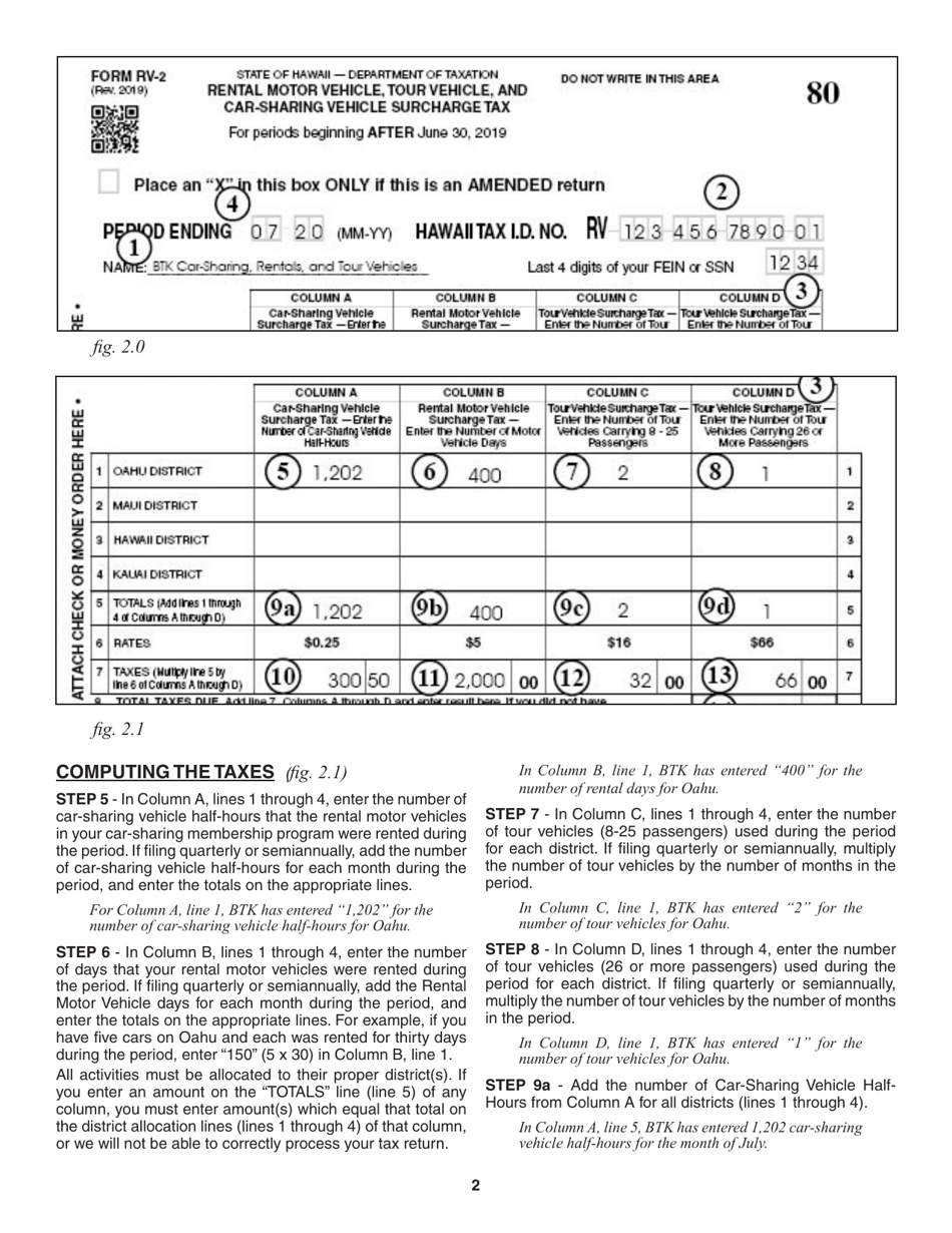 Instructions for Form RV-2 Rental Motor Vehicle, Tour Vehicle, and Car-Sharing Vehicle Surcharge Tax - Hawaii, Page 2