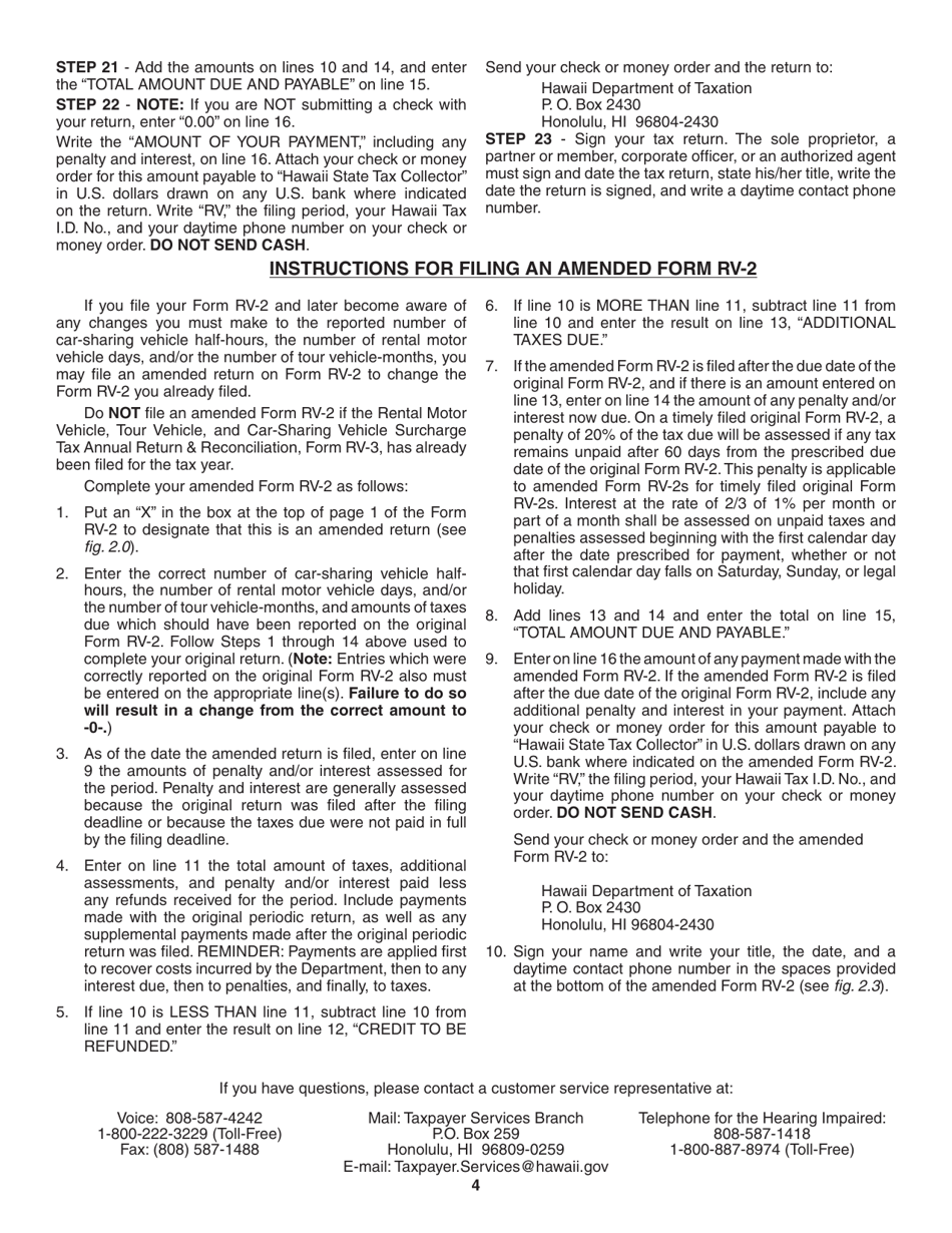 Instructions for Form RV-2 Rental Motor Vehicle, Tour Vehicle, and Car-Sharing Vehicle Surcharge Tax - Hawaii, Page 4