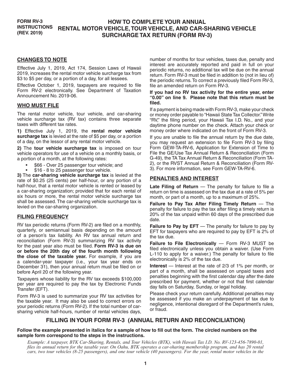 Instructions for Form RV-3 Rental Motor Vehicle, Tour Vehicle, and Car-Sharing Vehicle Surcharge Tax Annual Return and Reconciliation - Hawaii, Page 1