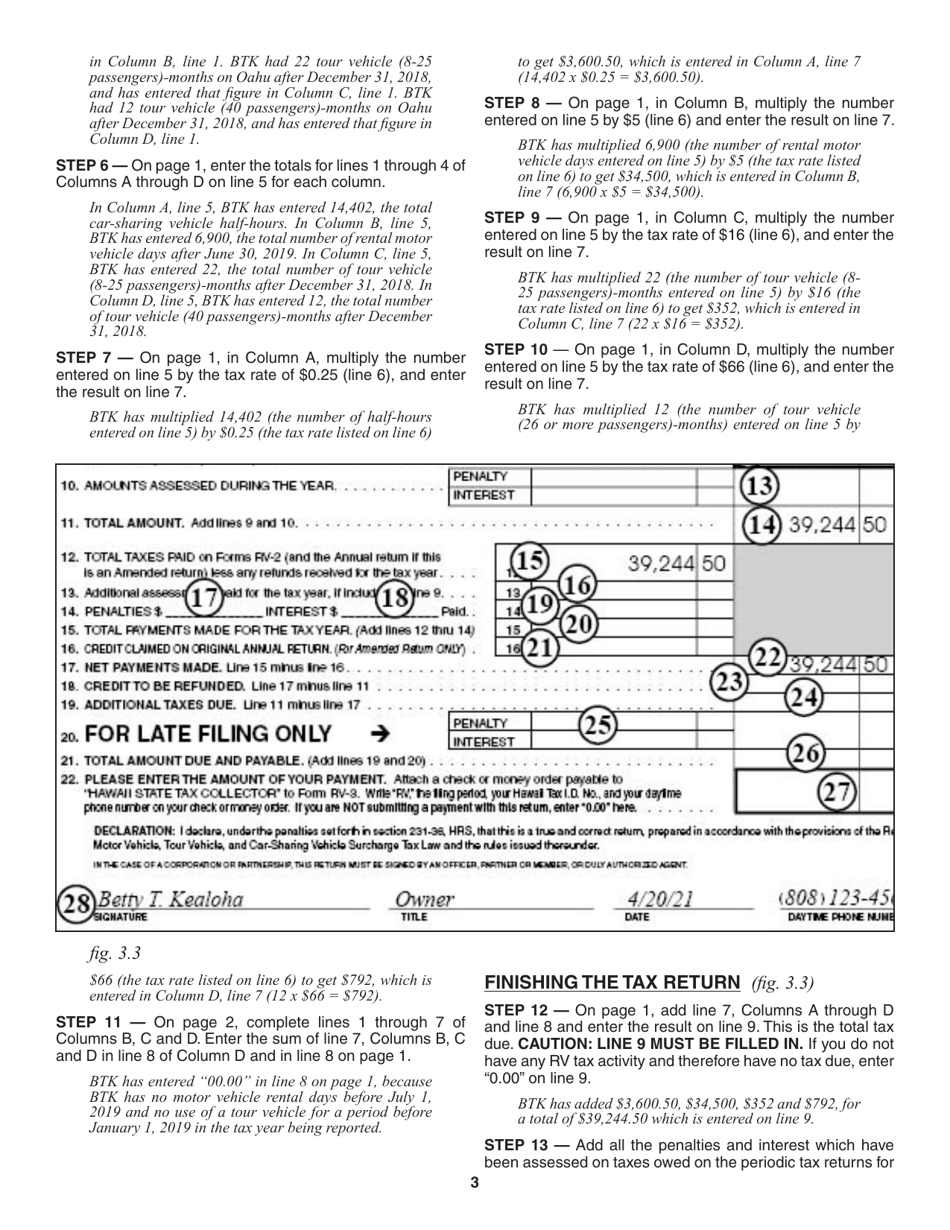 Instructions for Form RV-3 Rental Motor Vehicle, Tour Vehicle, and Car-Sharing Vehicle Surcharge Tax Annual Return and Reconciliation - Hawaii, Page 3