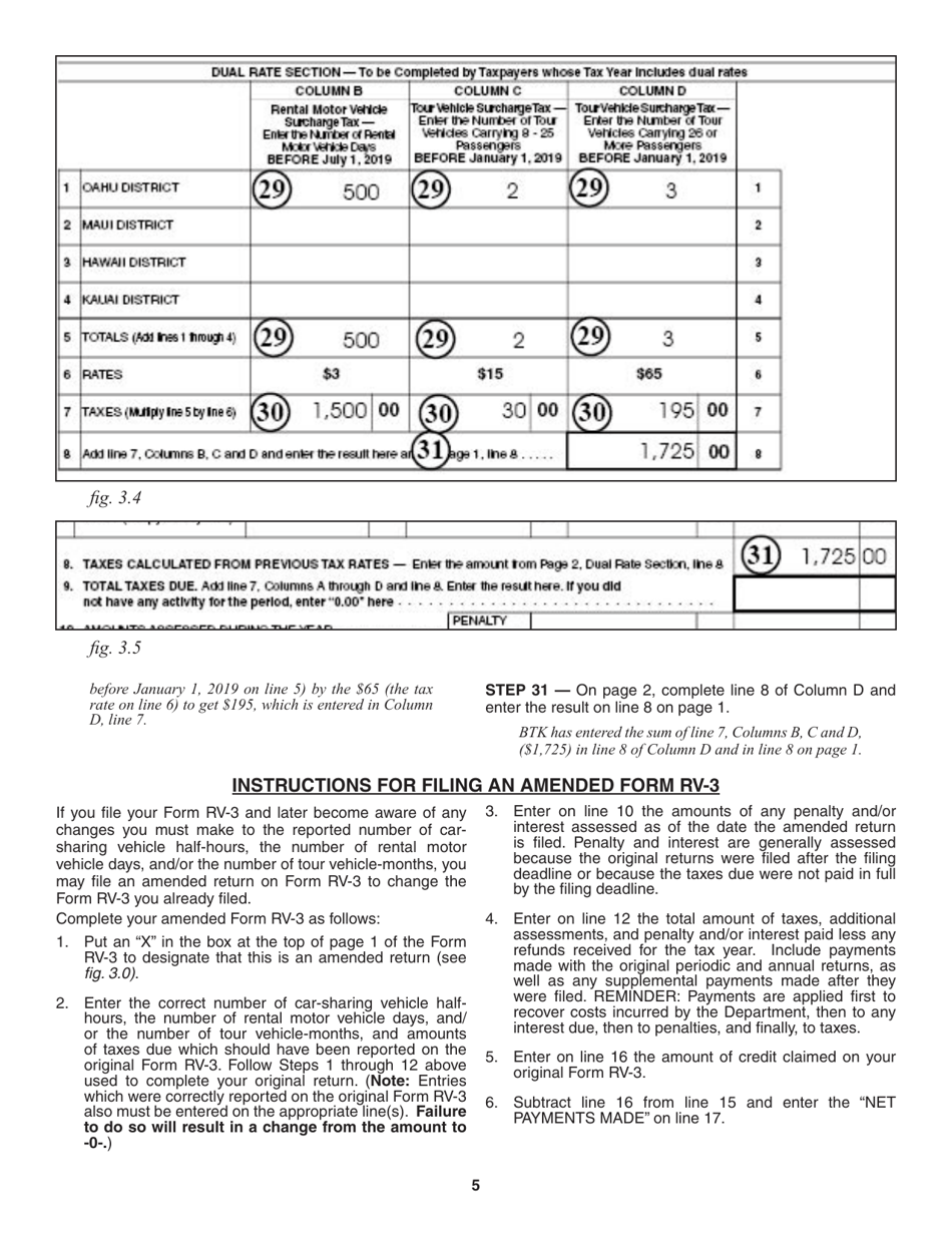 Instructions for Form RV-3 Rental Motor Vehicle, Tour Vehicle, and Car-Sharing Vehicle Surcharge Tax Annual Return and Reconciliation - Hawaii, Page 5