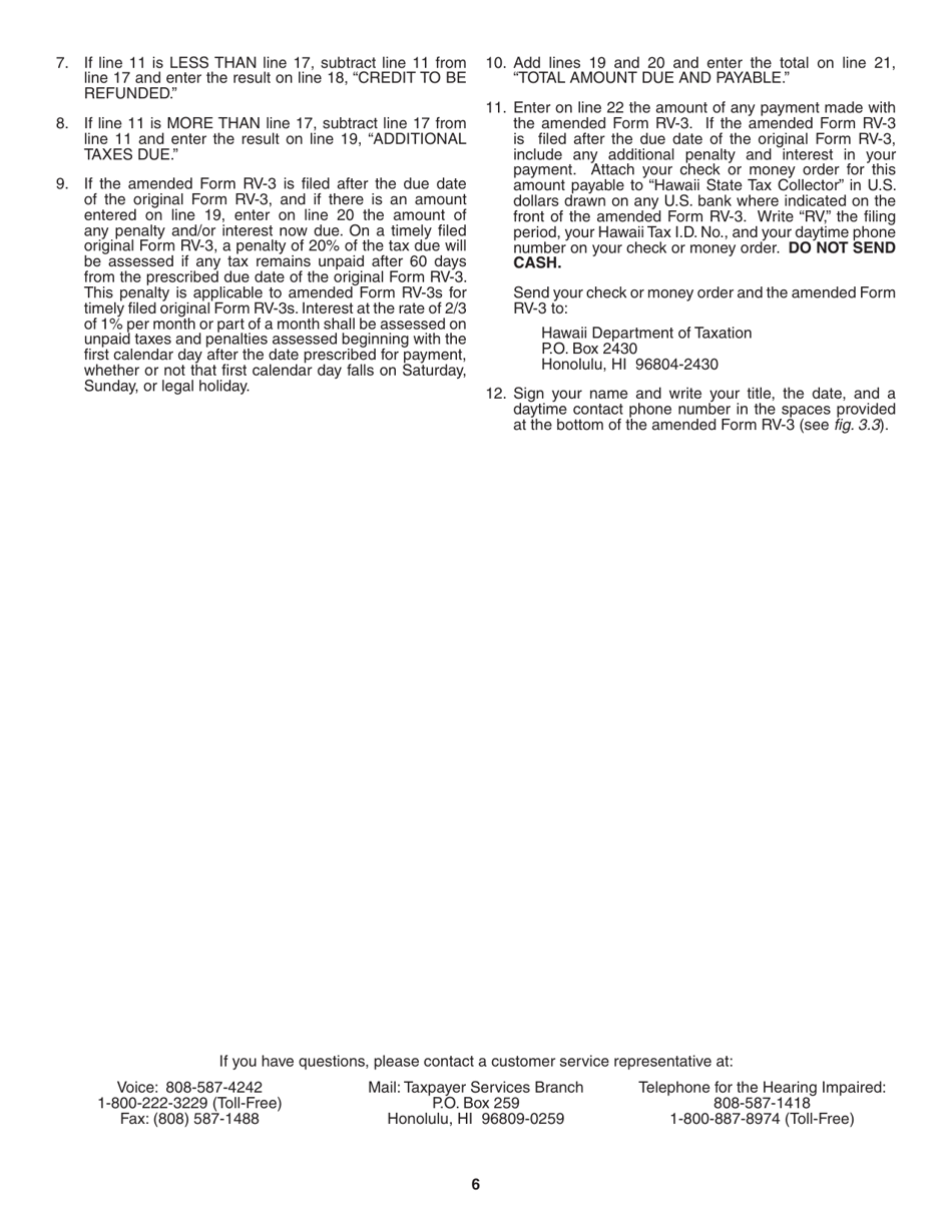 Instructions for Form RV-3 Rental Motor Vehicle, Tour Vehicle, and Car-Sharing Vehicle Surcharge Tax Annual Return and Reconciliation - Hawaii, Page 6