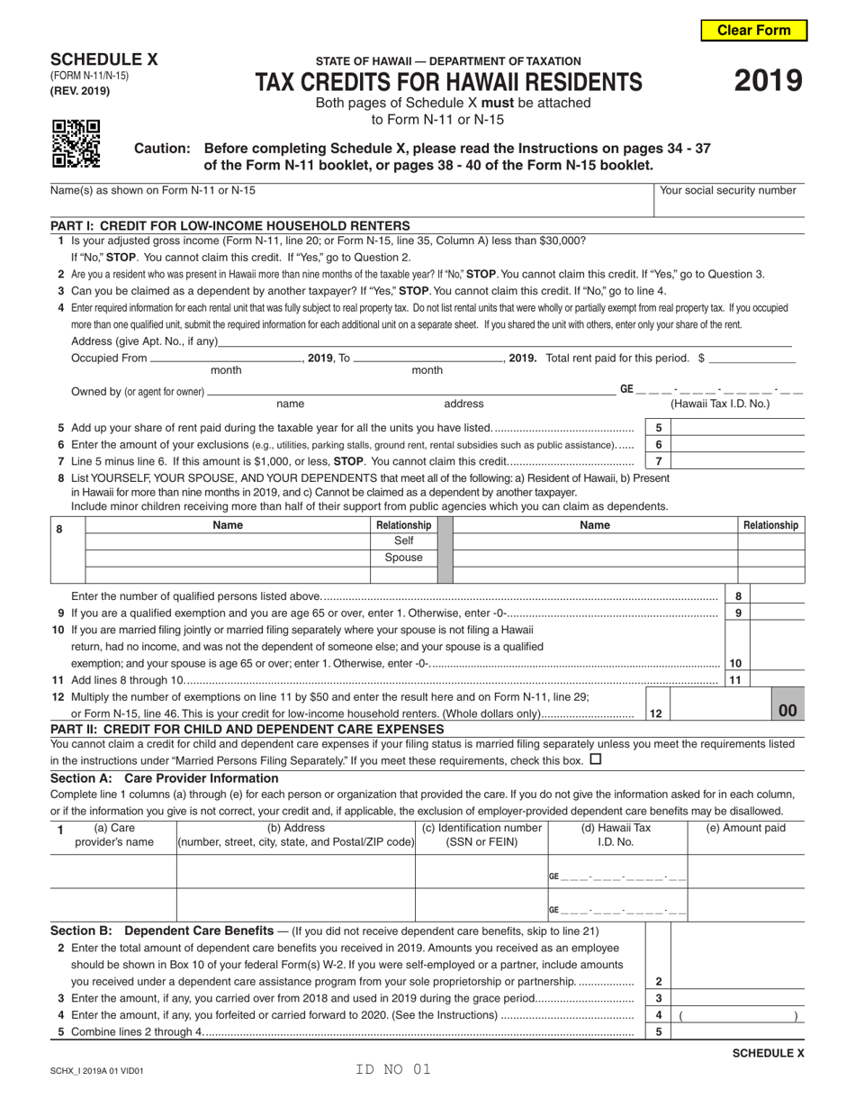 Form N-11 (N-15) Schedule X Tax Credits for Hawaii Residents - Hawaii, Page 1