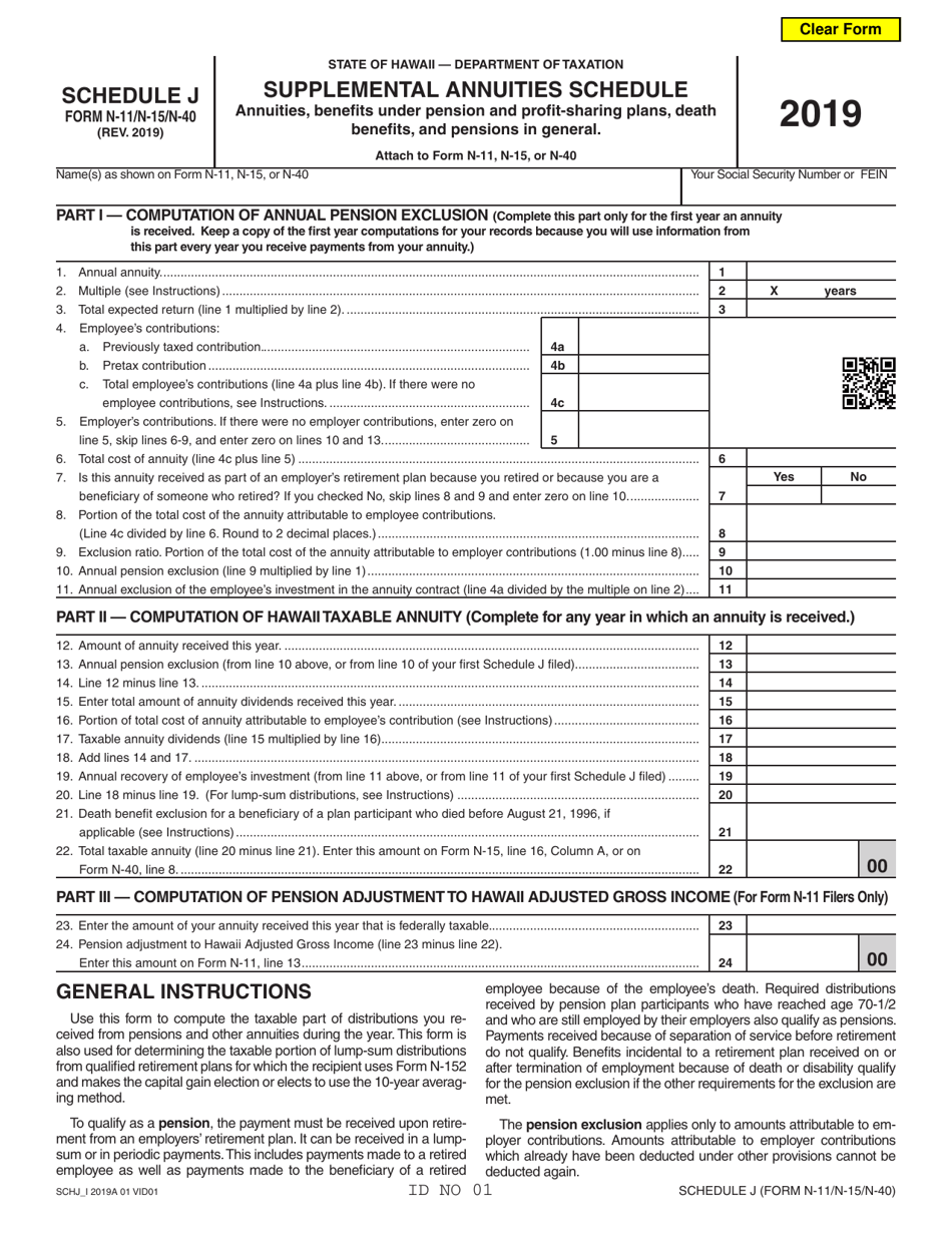 Form N-11 (N-15; N-40) Schedule J Supplemental Annuities Schedule - Hawaii, Page 1