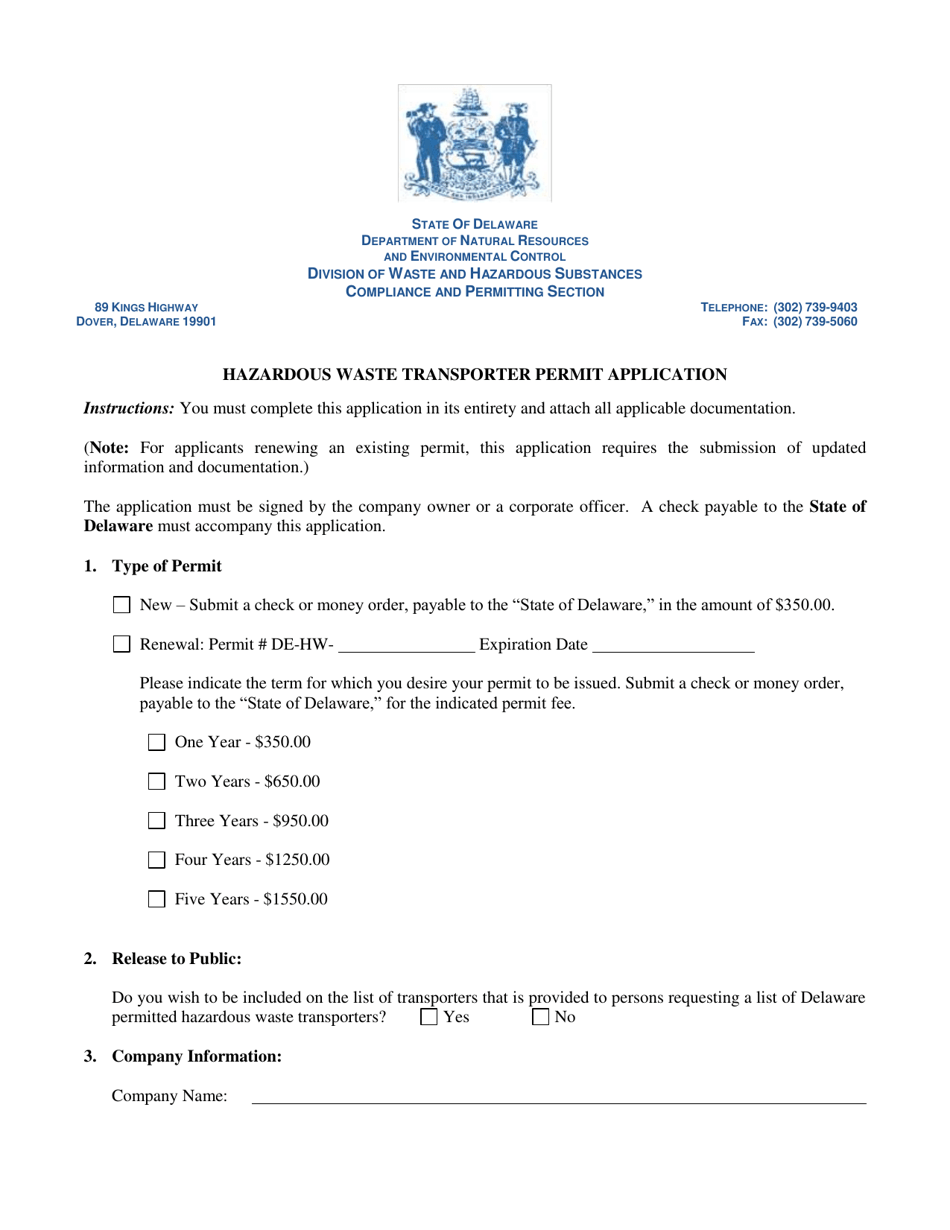 Delaware Hazardous Waste Transporter Permit Application Fill Out