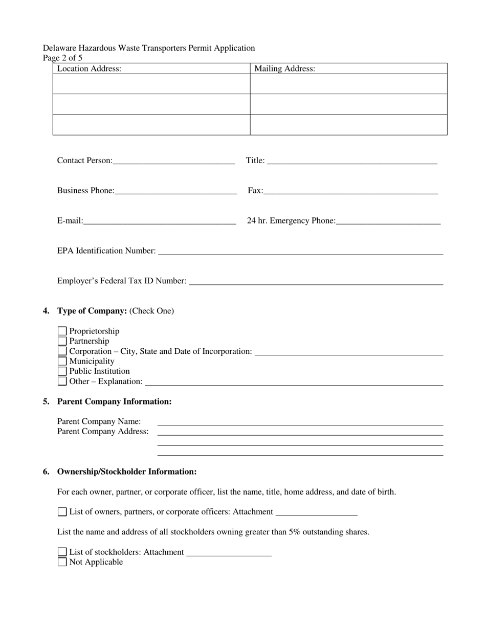 Hazardous Waste Transporter Permit Application - Delaware, Page 2