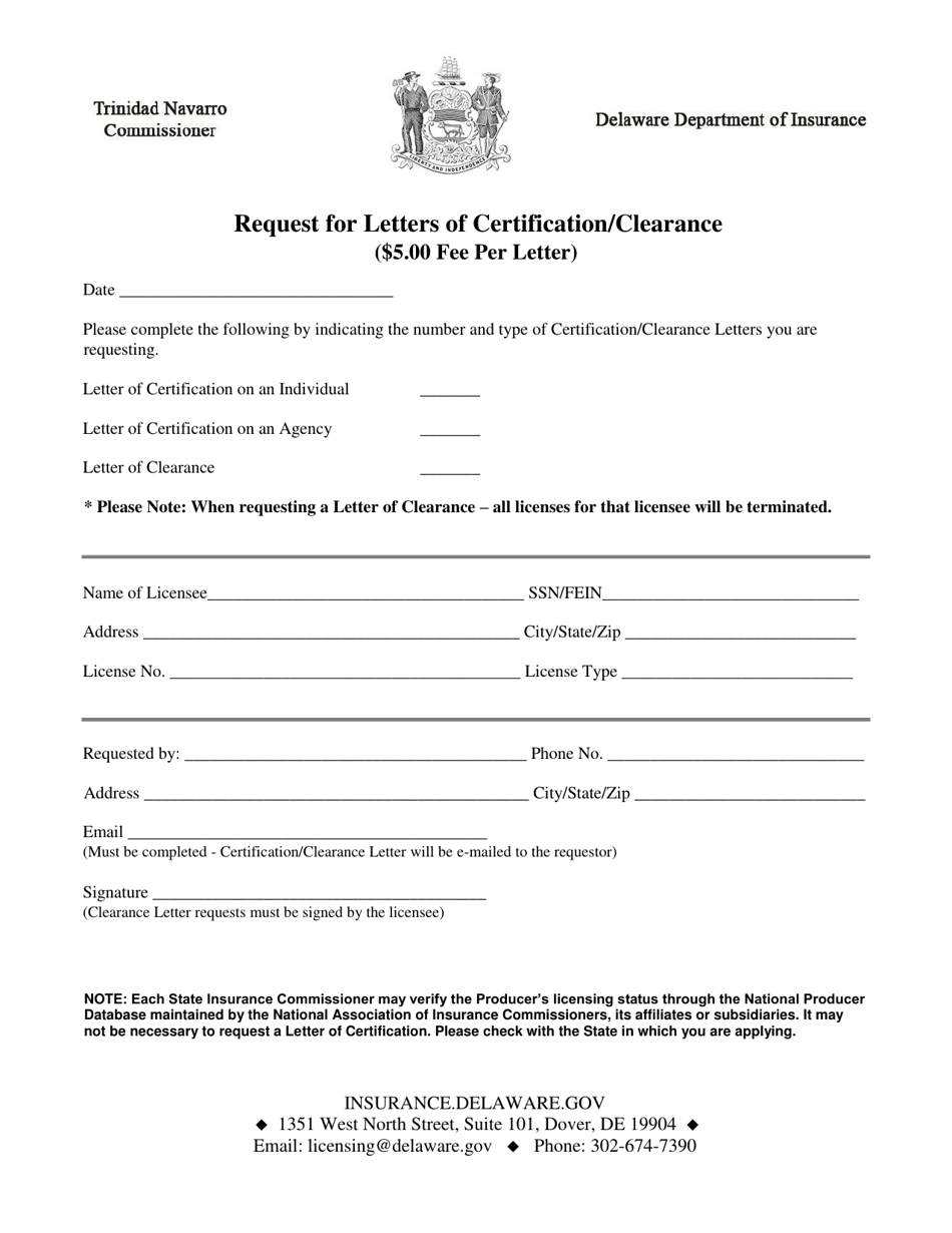Request for Letters of Certification / Clearance - Delaware, Page 1