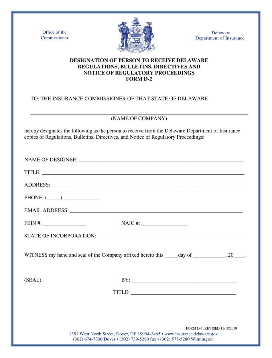 Form D-2 Designation of Person to Receive Delaware Regulations, Bulletins, Directives and Notice of Regulatory Proceedings - Delaware, Page 1
