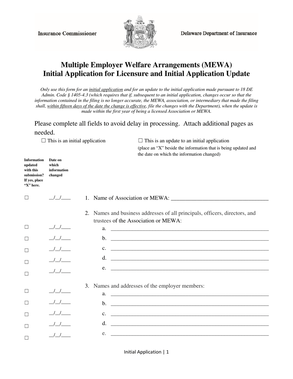 Multiple Employer Welfare Arrangements (Mewa) Initial Application for Licensure and Initial Application Update - Delaware, Page 1