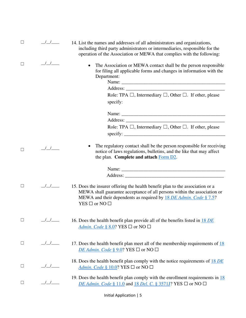 Multiple Employer Welfare Arrangements (Mewa) Initial Application for Licensure and Initial Application Update - Delaware, Page 5