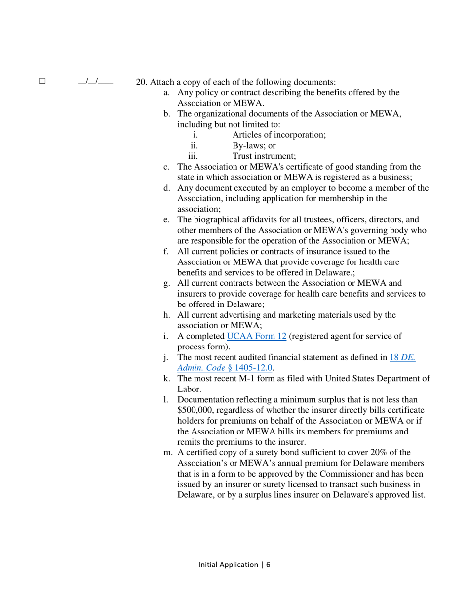 Multiple Employer Welfare Arrangements (Mewa) Initial Application for Licensure and Initial Application Update - Delaware, Page 6