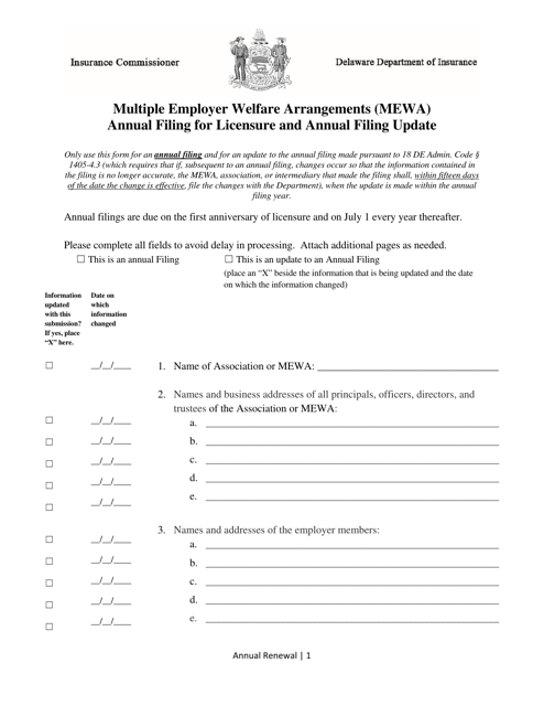 Multiple Employer Welfare Arrangements (Mewa) Annual Filing for Licensure and Annual Filing Update - Delaware Download Pdf