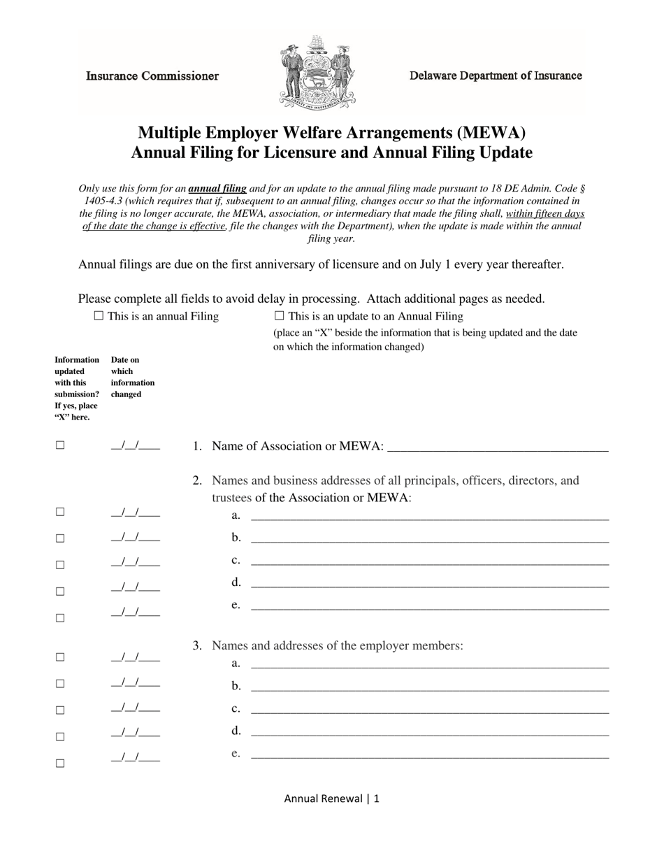 Multiple Employer Welfare Arrangements (Mewa) Annual Filing for Licensure and Annual Filing Update - Delaware, Page 1