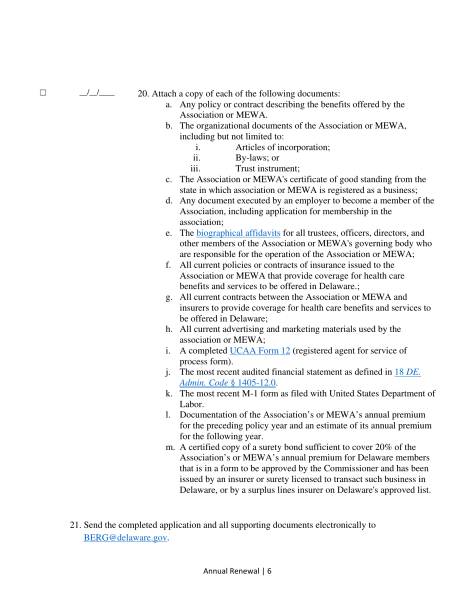 Multiple Employer Welfare Arrangements (Mewa) Annual Filing for Licensure and Annual Filing Update - Delaware, Page 6