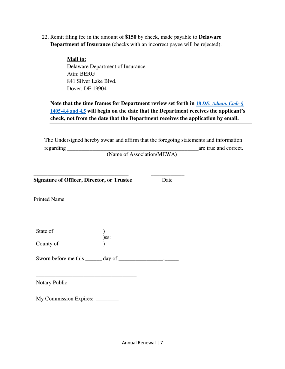 Multiple Employer Welfare Arrangements (Mewa) Annual Filing for Licensure and Annual Filing Update - Delaware, Page 7