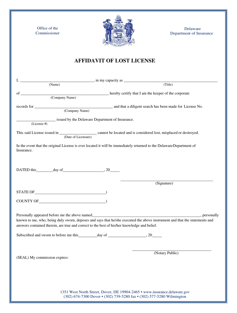Affidavit of Lost License - Delaware, Page 1
