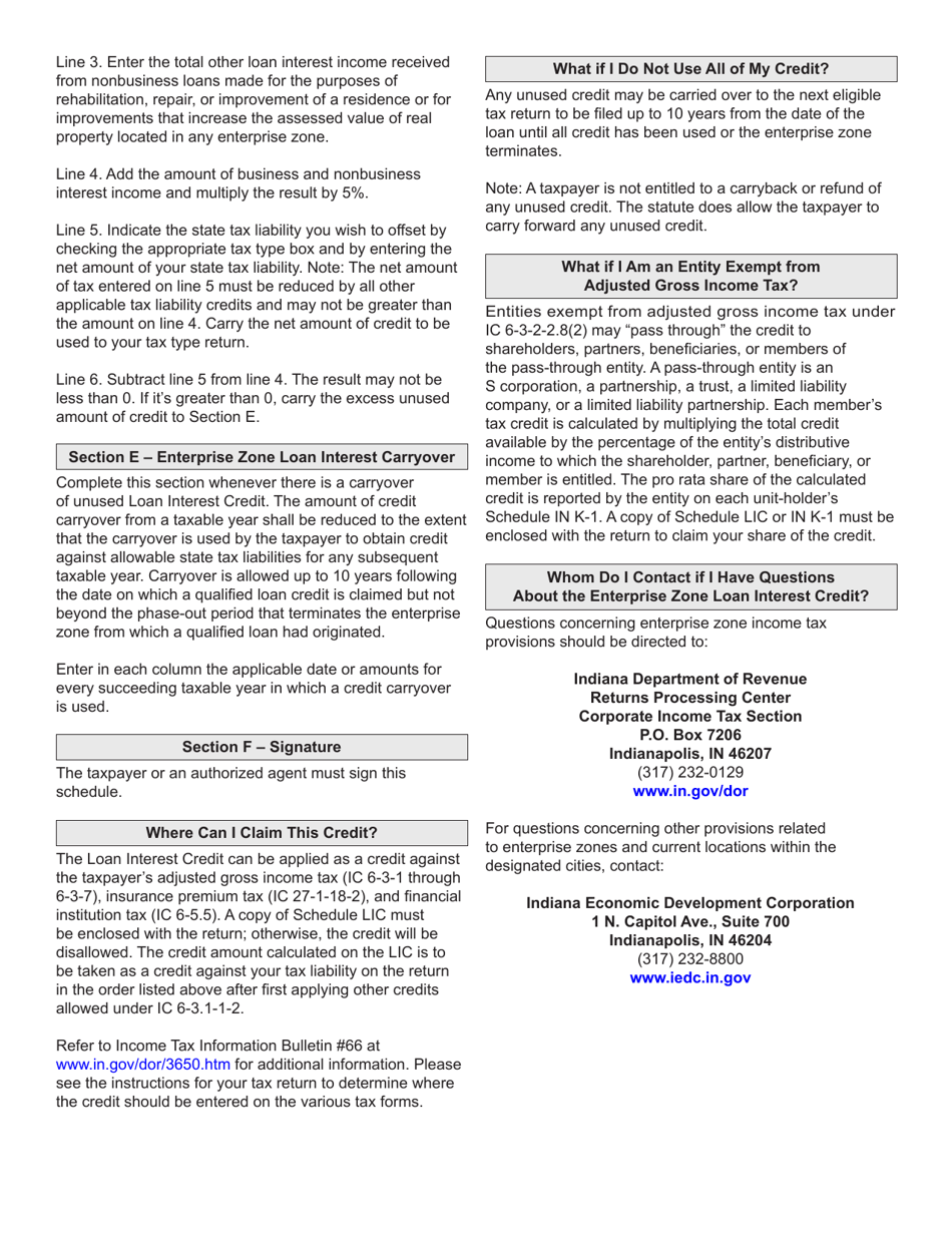 State Form 21926 Schedule LIC Enterprise Zone Loan Interest Tax Credit - Indiana, Page 4