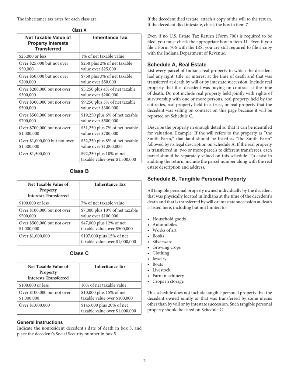 Instructions for Form IH-12, State Form 51492 Indiana Inheritance Tax Return for Nonresident Decedent - Indiana, Page 2