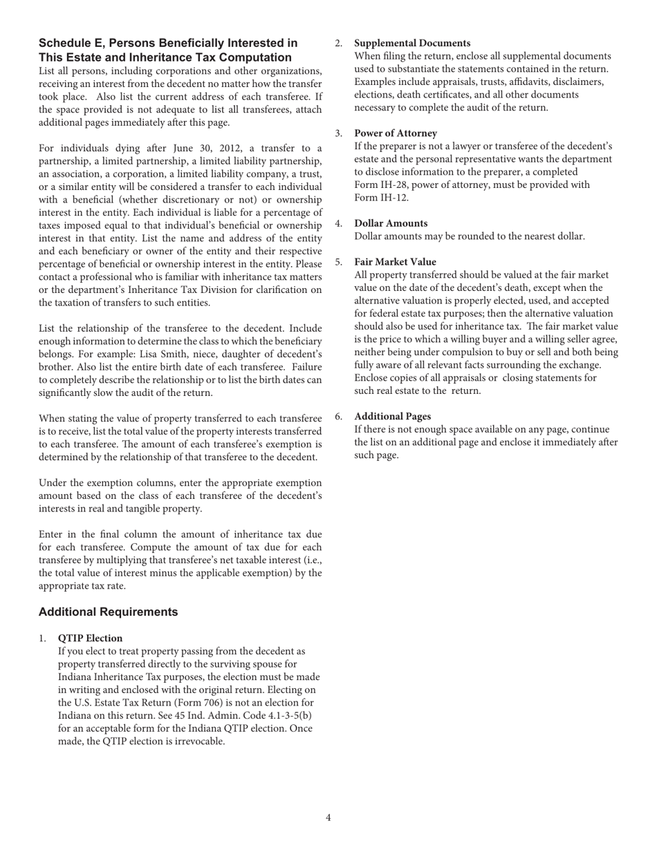 Instructions for Form IH-12, State Form 51492 Indiana Inheritance Tax Return for Nonresident Decedent - Indiana, Page 4