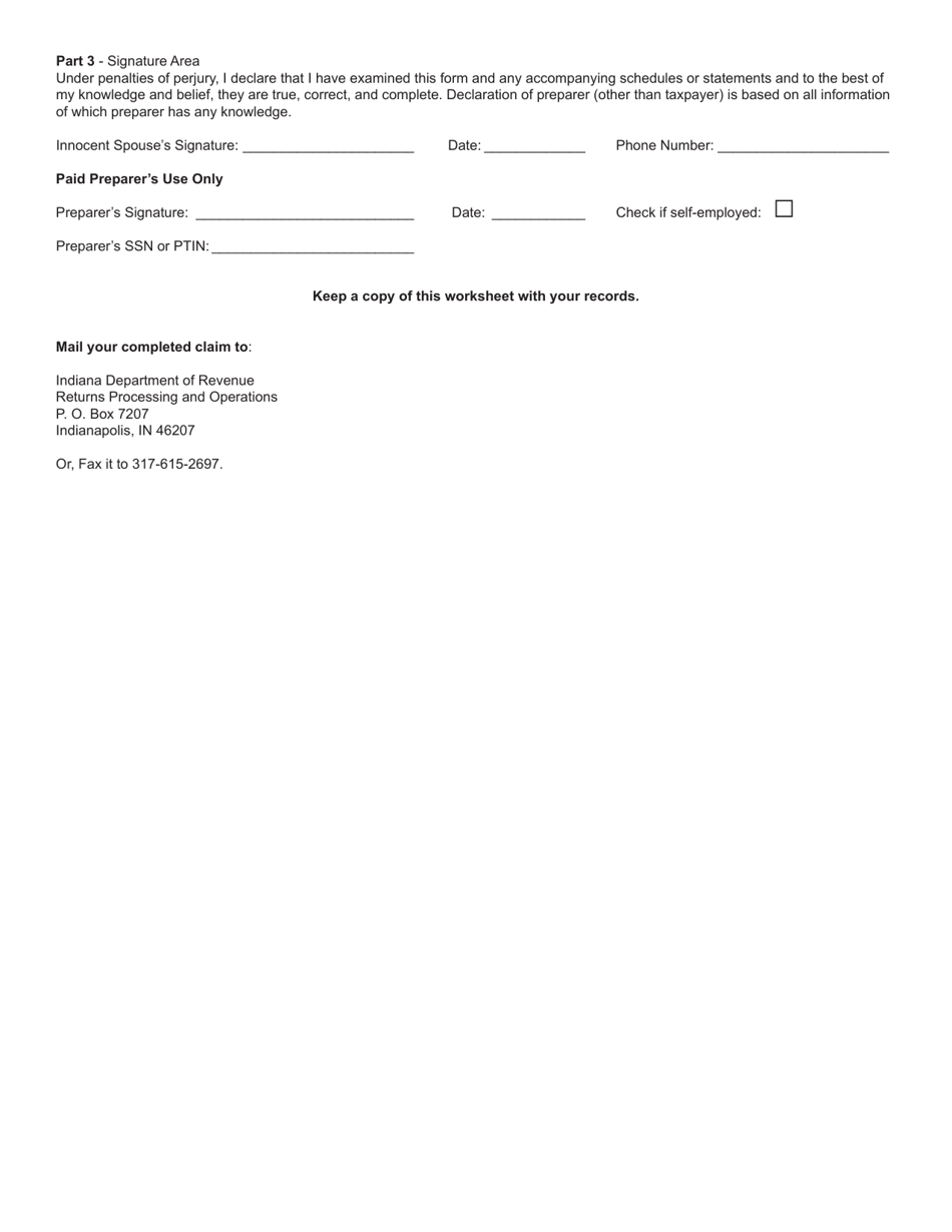 State Form 51754 Worksheet IN-40SP Indiana Innocent Spouse Allocation Worksheet - Indiana, Page 3