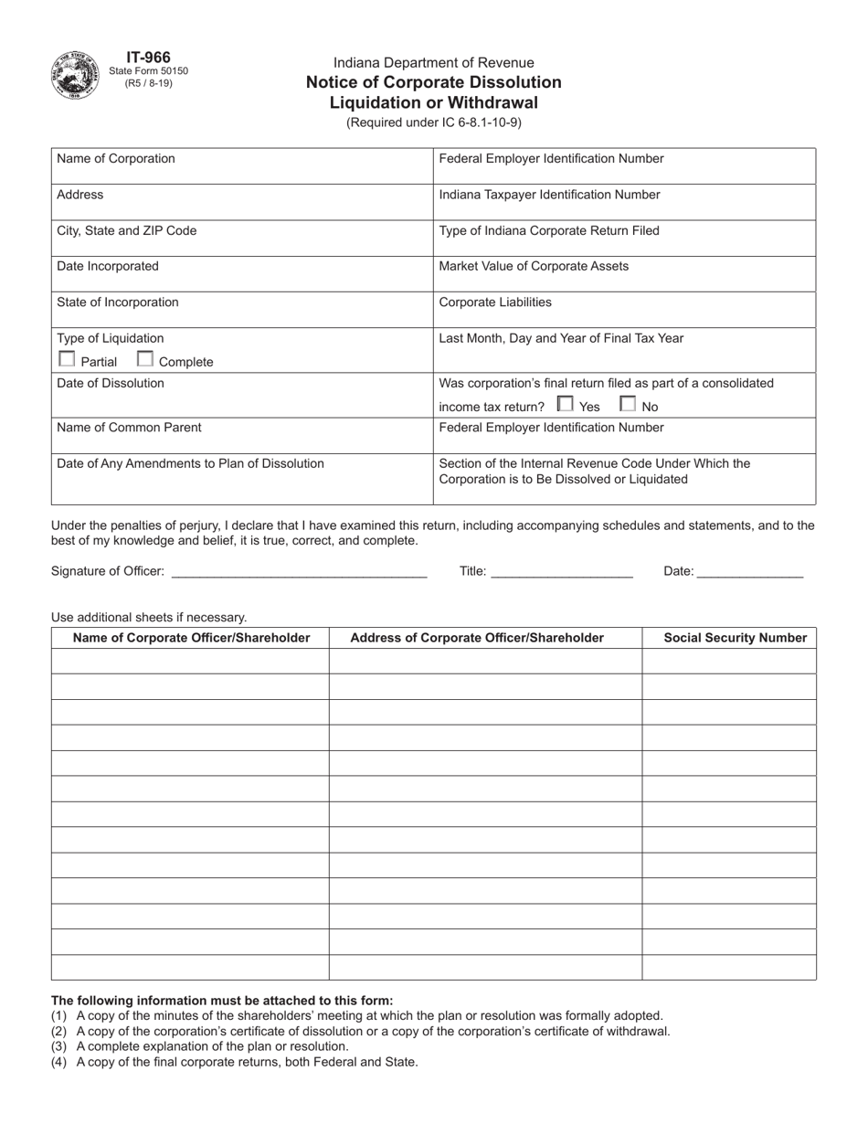 Form IT-966 (State Form 50150) Notice of Corporate Dissolution Liquidation or Withdrawal - Indiana, Page 1