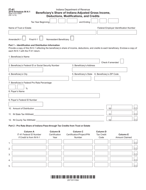 Form IT-41 (State Form 55891) Schedule IN K-1  Printable Pdf