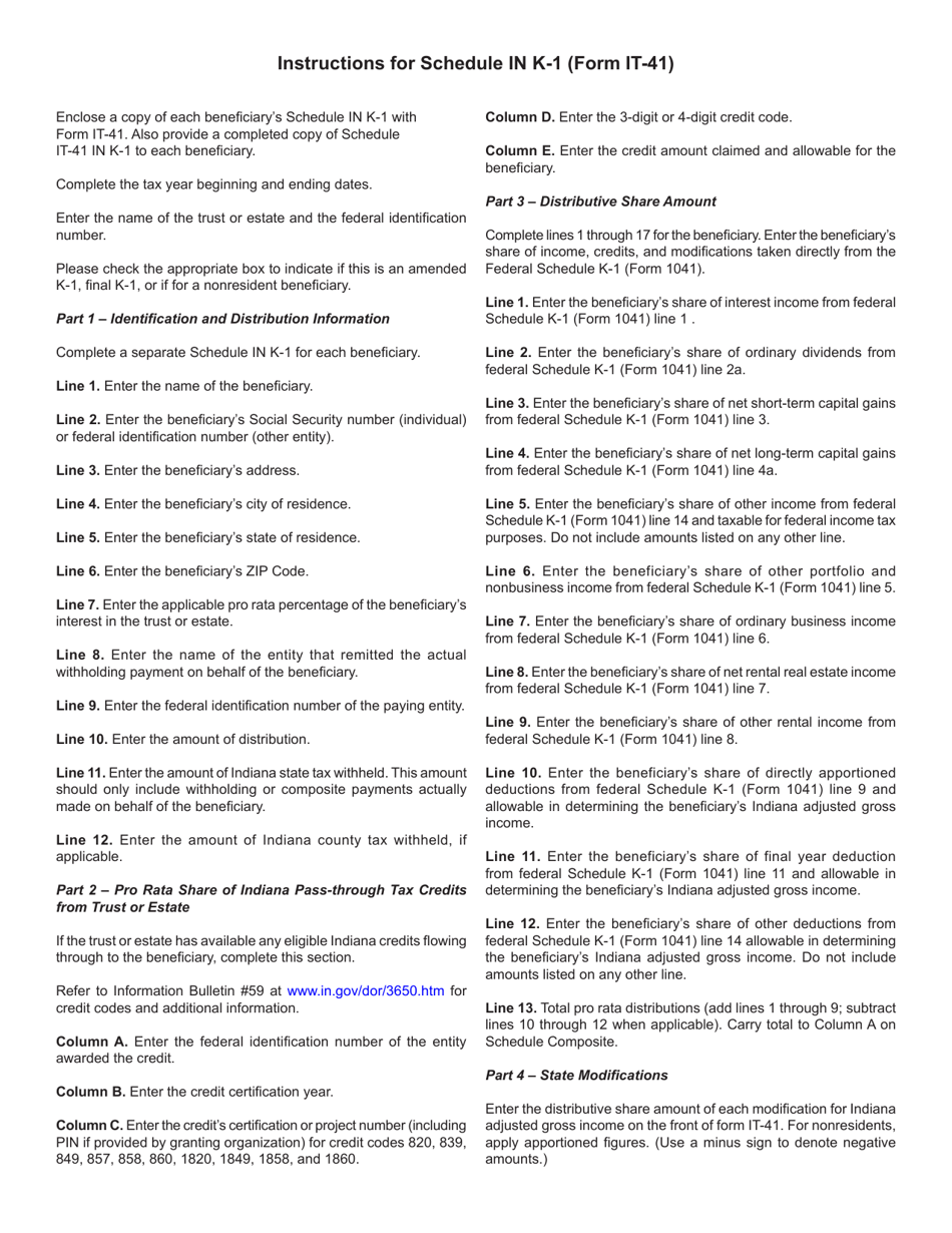 Form IT-41 (State Form 55891) Schedule IN K-1 Beneficiarys Share of Indiana Adjusted Gross Income, Deductions, Modifications, and Credits - Indiana, Page 3