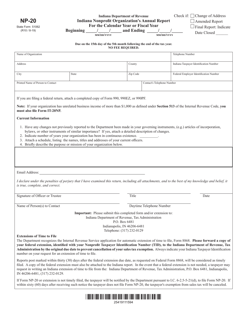Form NP-20 (State Form 51062) Indiana Nonprofit Organizations Annual Report - Indiana, Page 1