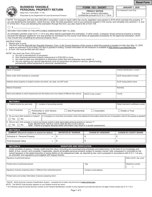 Form 103 - SHORT (State Form 11274)  Printable Pdf