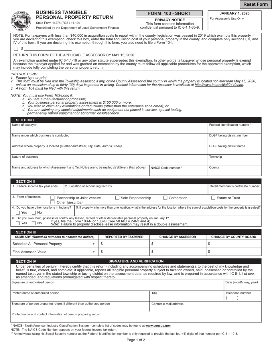 Form 103 - SHORT (State Form 11274) Business Tangible Personal Property Return - Indiana, Page 1