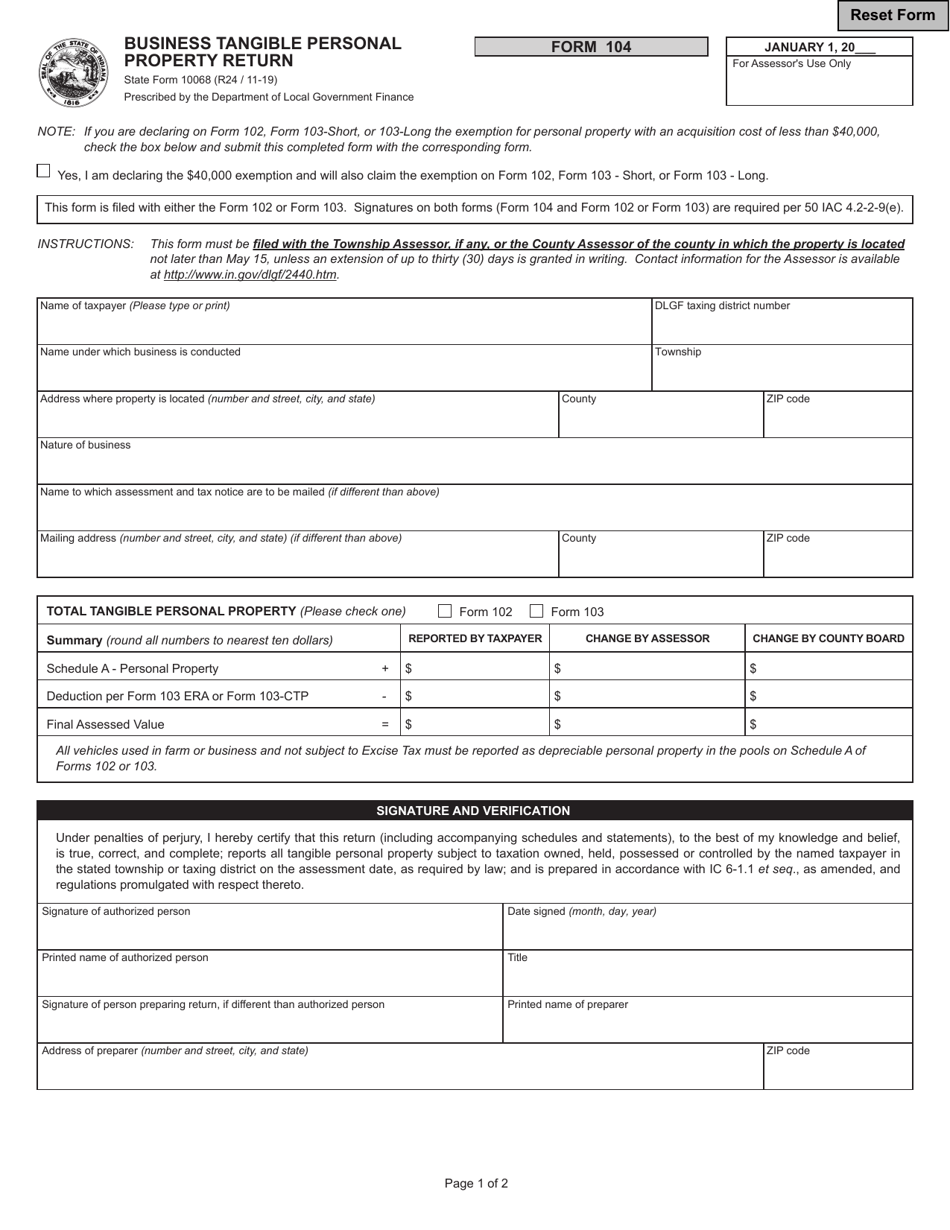 State Form 10068 (104) Business Tangible Personal Property Return - Indiana, Page 1