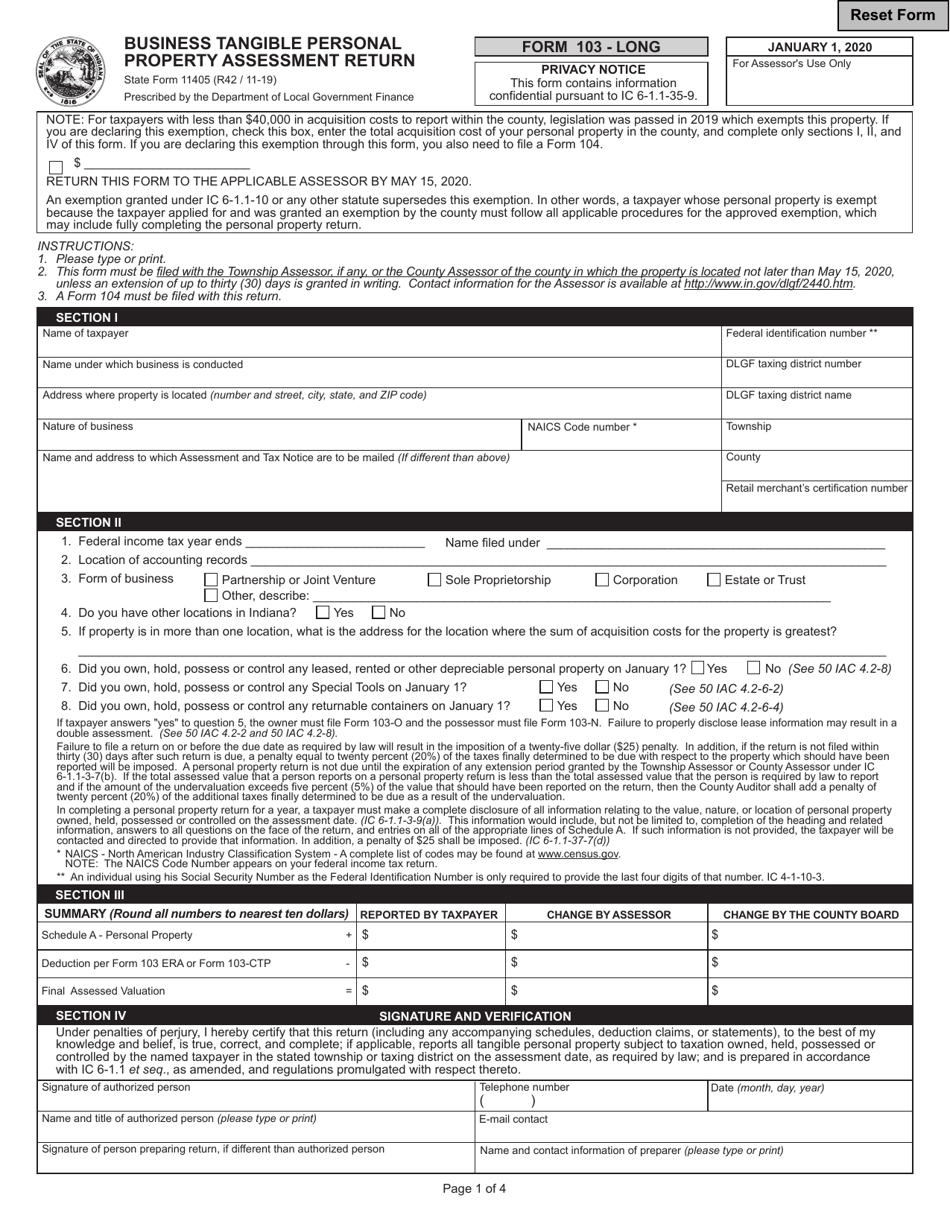 State Form 11405 (103-LONG) Business Tangible Personal Property Assessment Return - Indiana, Page 1