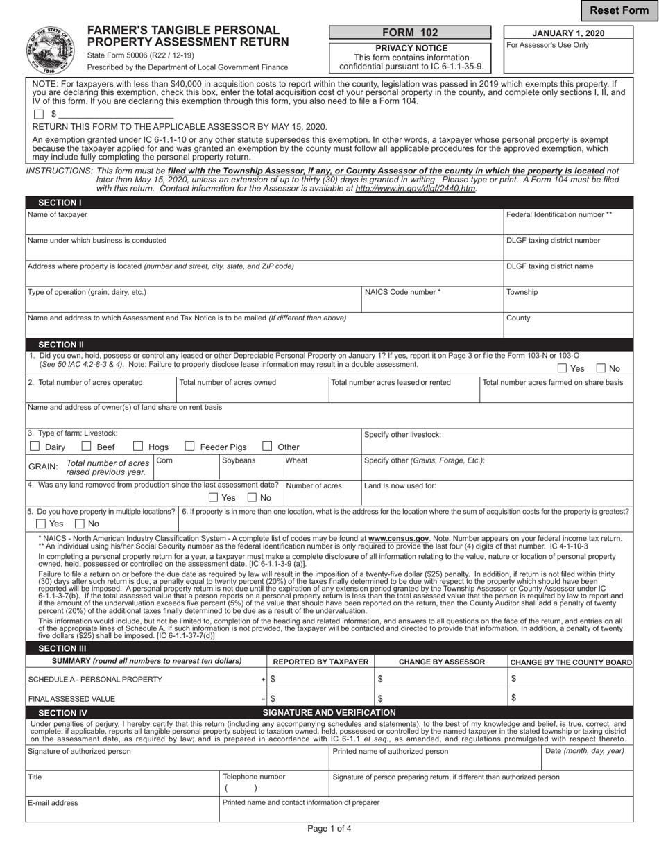 State Form 50006 (102) Farmers Tangible Personal Property Assessment Return - Indiana, Page 1