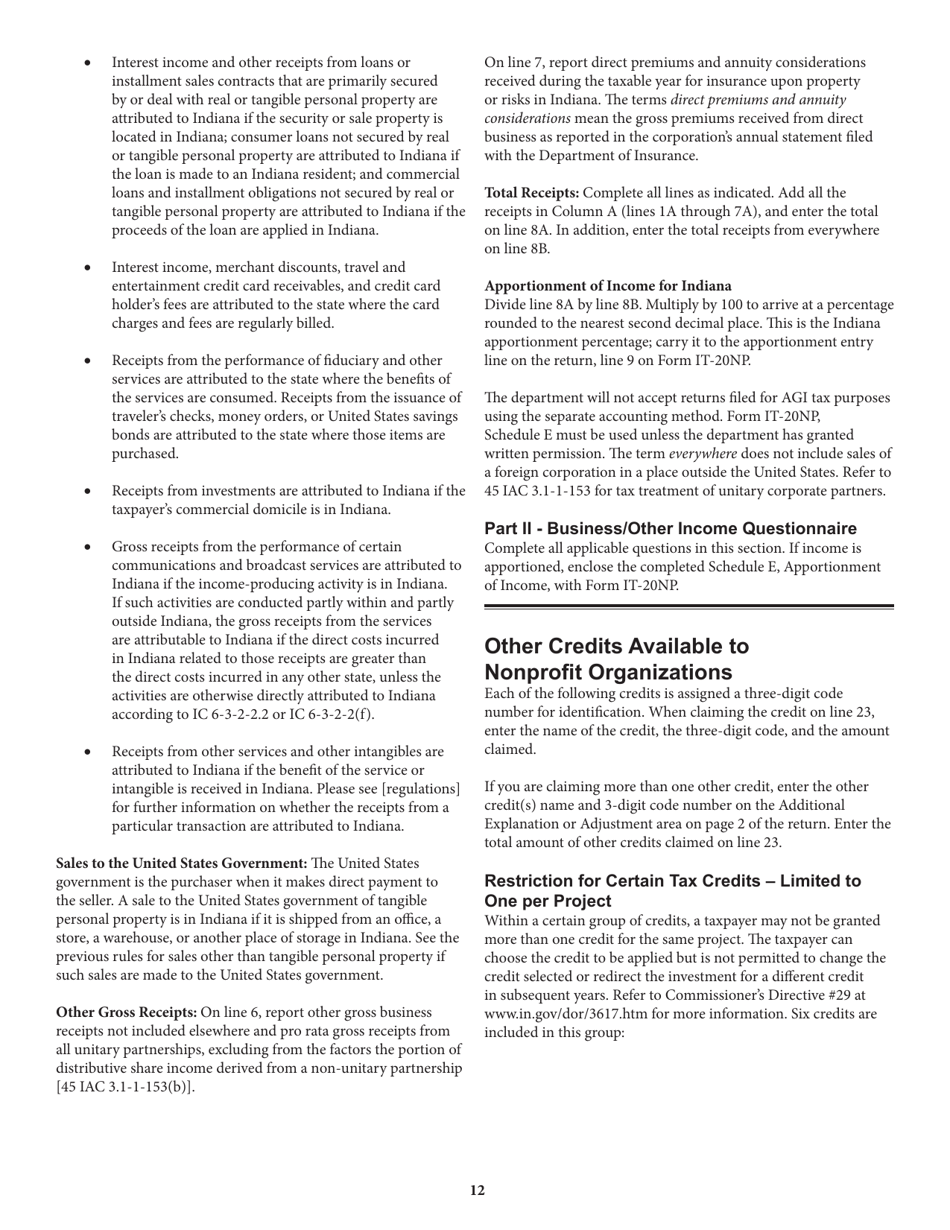 Instructions for Form IT-20NP, State Form 148 Indiana Nonprofit Organization Unrelated Business Income Tax Return - Indiana, Page 12