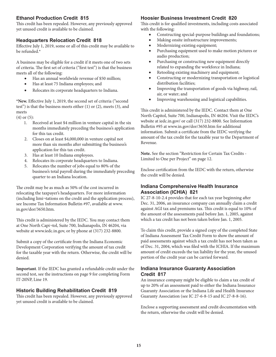 Instructions for Form IT-20NP, State Form 148 Indiana Nonprofit Organization Unrelated Business Income Tax Return - Indiana, Page 15