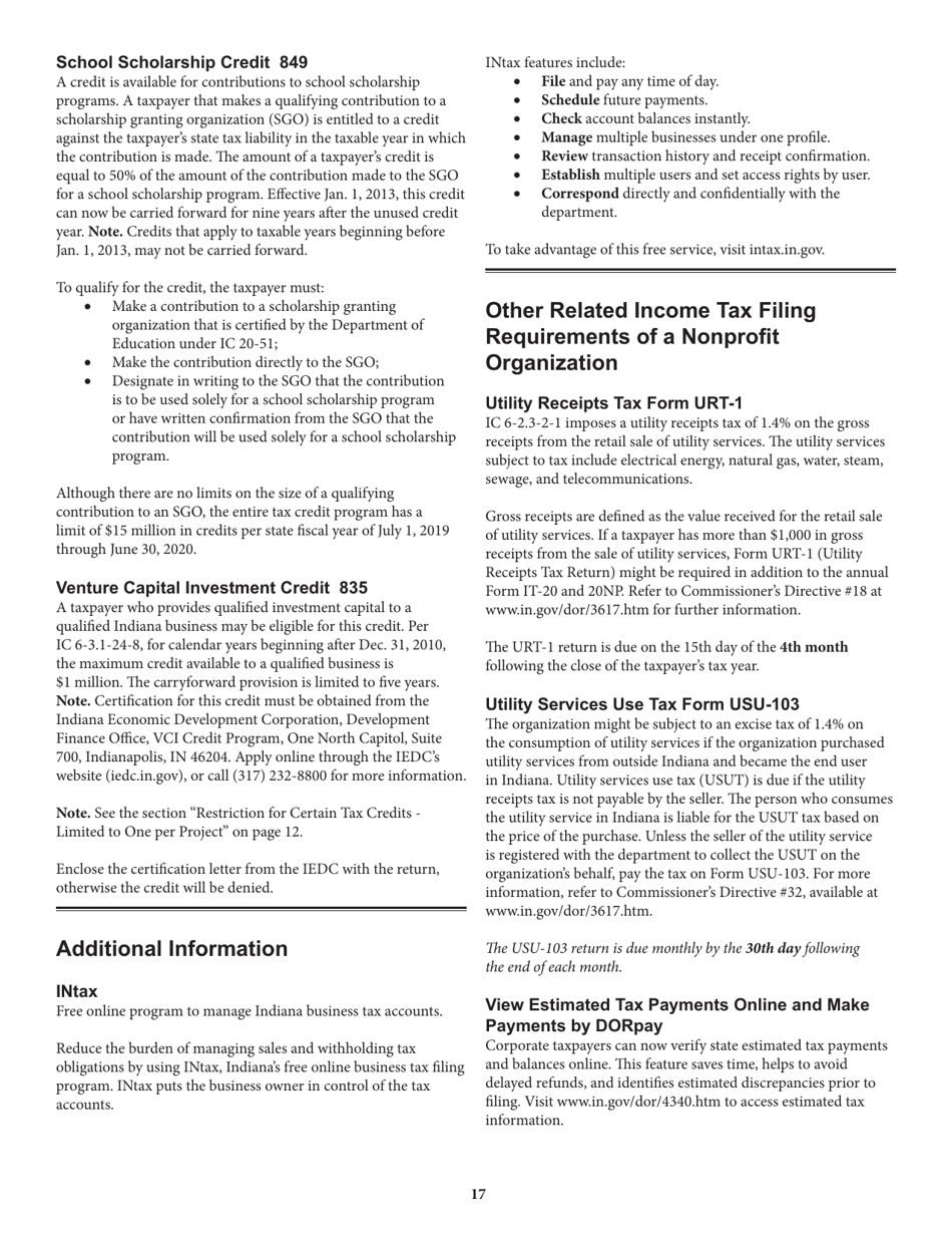 Instructions for Form IT-20NP, State Form 148 Indiana Nonprofit Organization Unrelated Business Income Tax Return - Indiana, Page 17