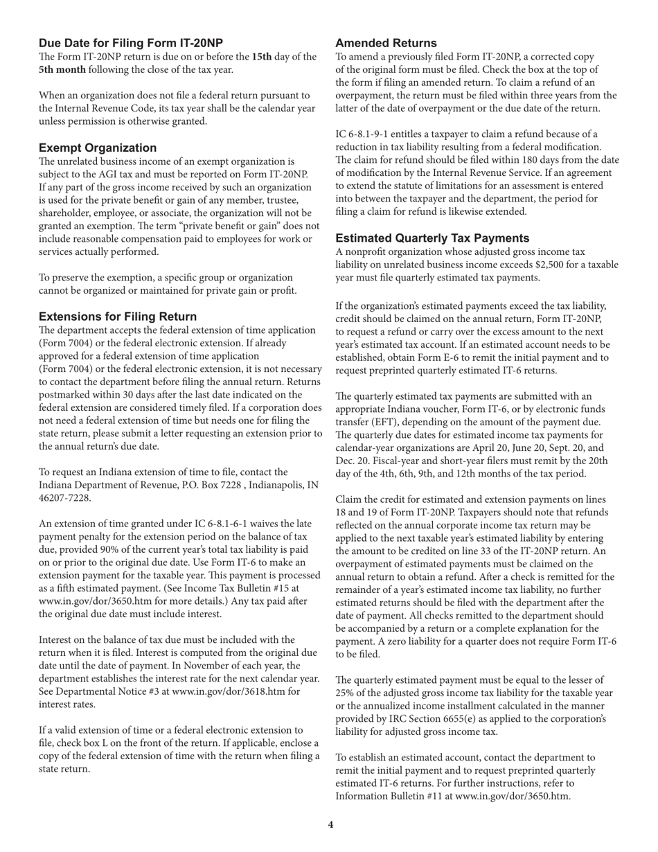 Instructions for Form IT-20NP, State Form 148 Indiana Nonprofit Organization Unrelated Business Income Tax Return - Indiana, Page 4
