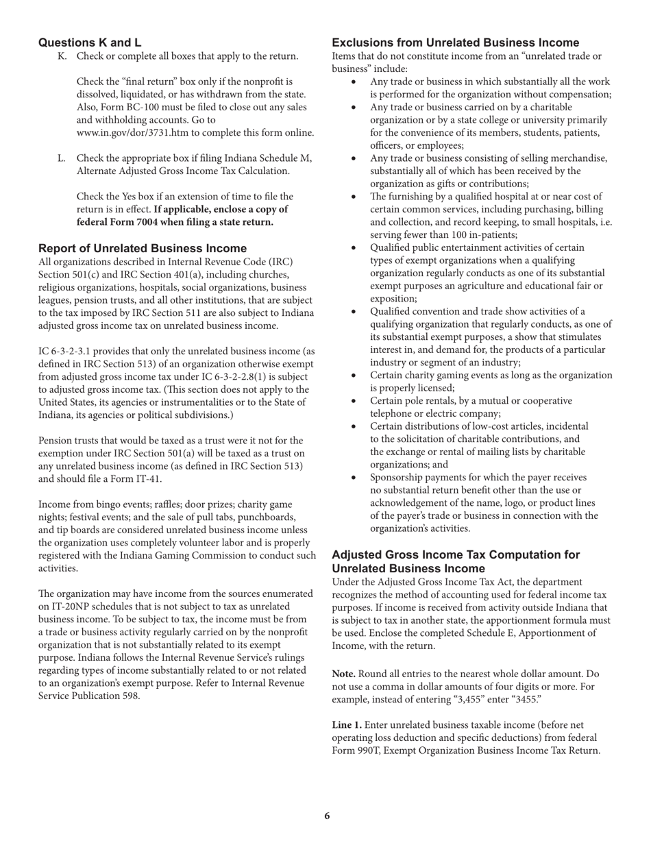 Instructions for Form IT-20NP, State Form 148 Indiana Nonprofit Organization Unrelated Business Income Tax Return - Indiana, Page 6