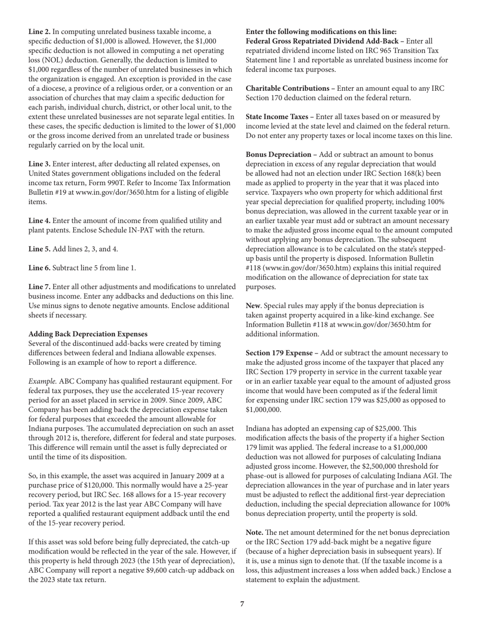 Instructions for Form IT-20NP, State Form 148 Indiana Nonprofit Organization Unrelated Business Income Tax Return - Indiana, Page 7