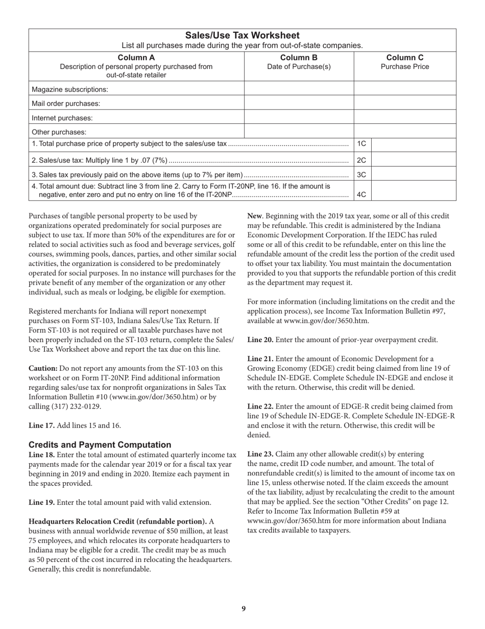 Instructions for Form IT-20NP, State Form 148 Indiana Nonprofit Organization Unrelated Business Income Tax Return - Indiana, Page 9