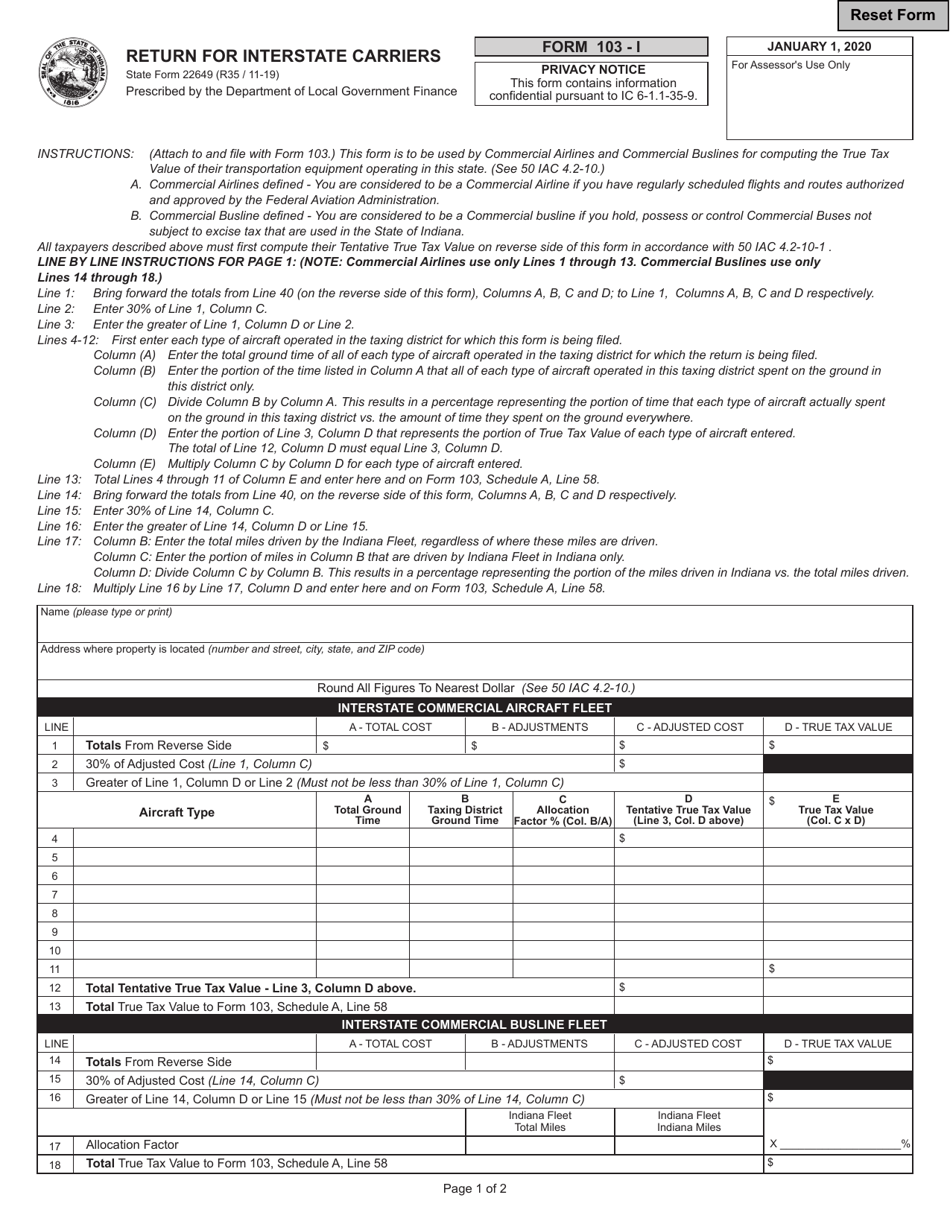 State Form 22649 (103-I) Return for Interstate Carriers - Indiana, Page 1