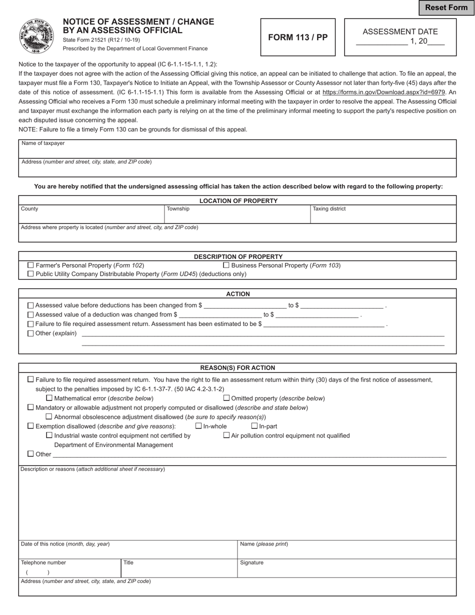 Form 113 / PP (State Form 21521) Notice of Assessment / Change by an Assessing Official - Indiana, Page 1