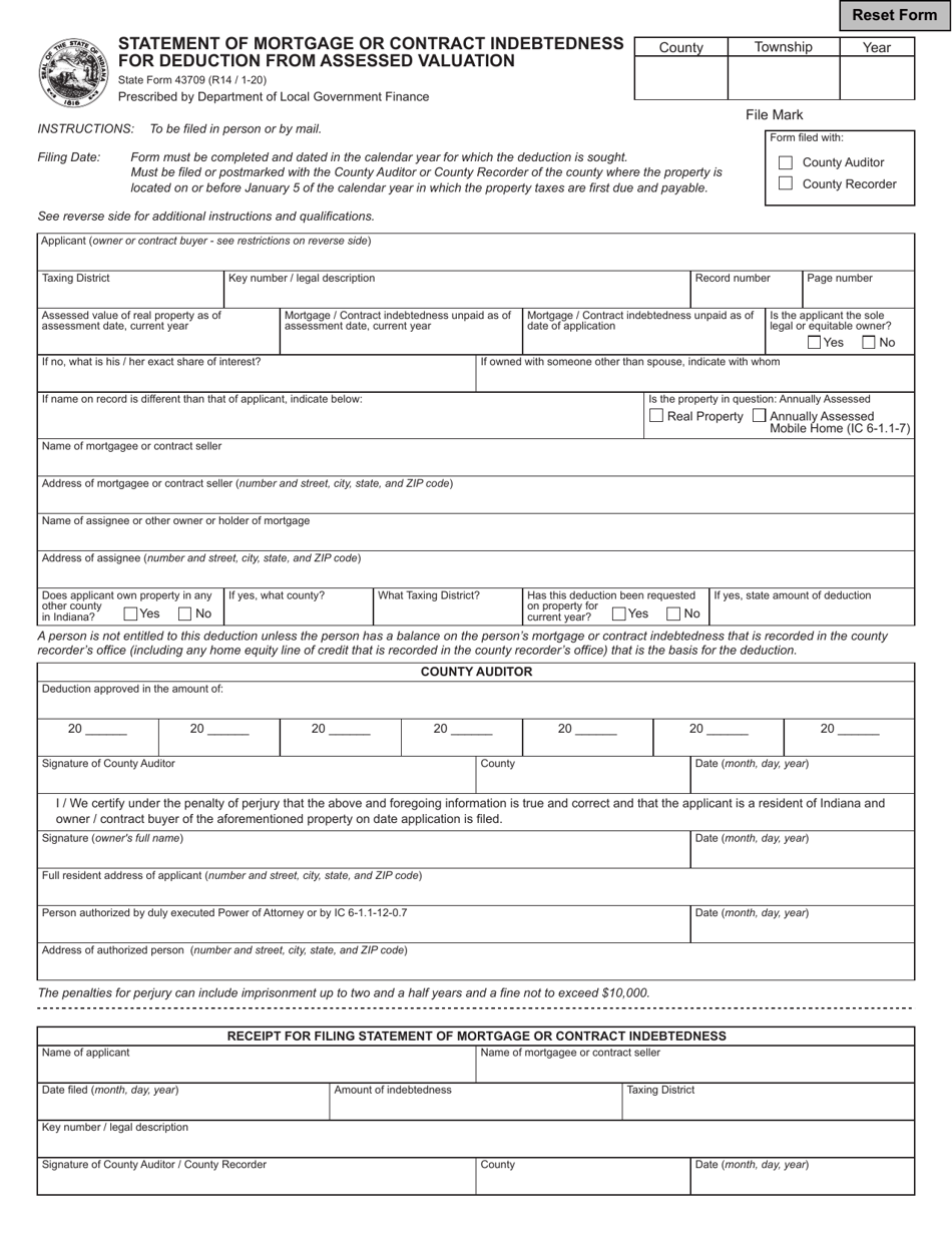 State Form 43709 Statement of Mortgage or Contract Indebtedness for Deduction From Assessed Valuation - Indiana, Page 1