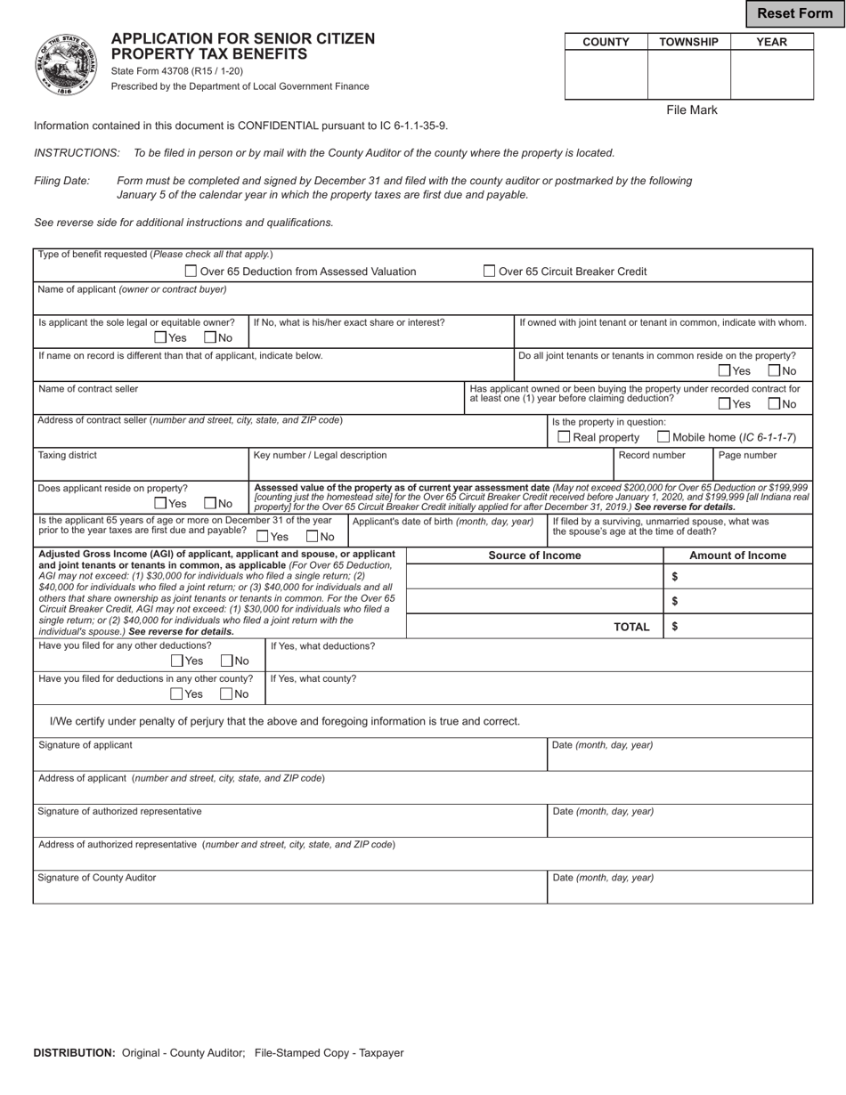 State Form 43708 Application for Senior Citizen Property Tax Benefits - Indiana, Page 1