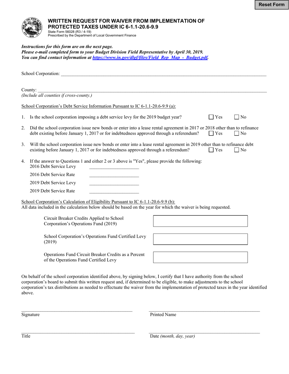 State Form 56028 Written Request for Waiver From Implementation of Protected Taxes Under Ic 6-1.1-20.6-9.9 - Indiana, Page 1