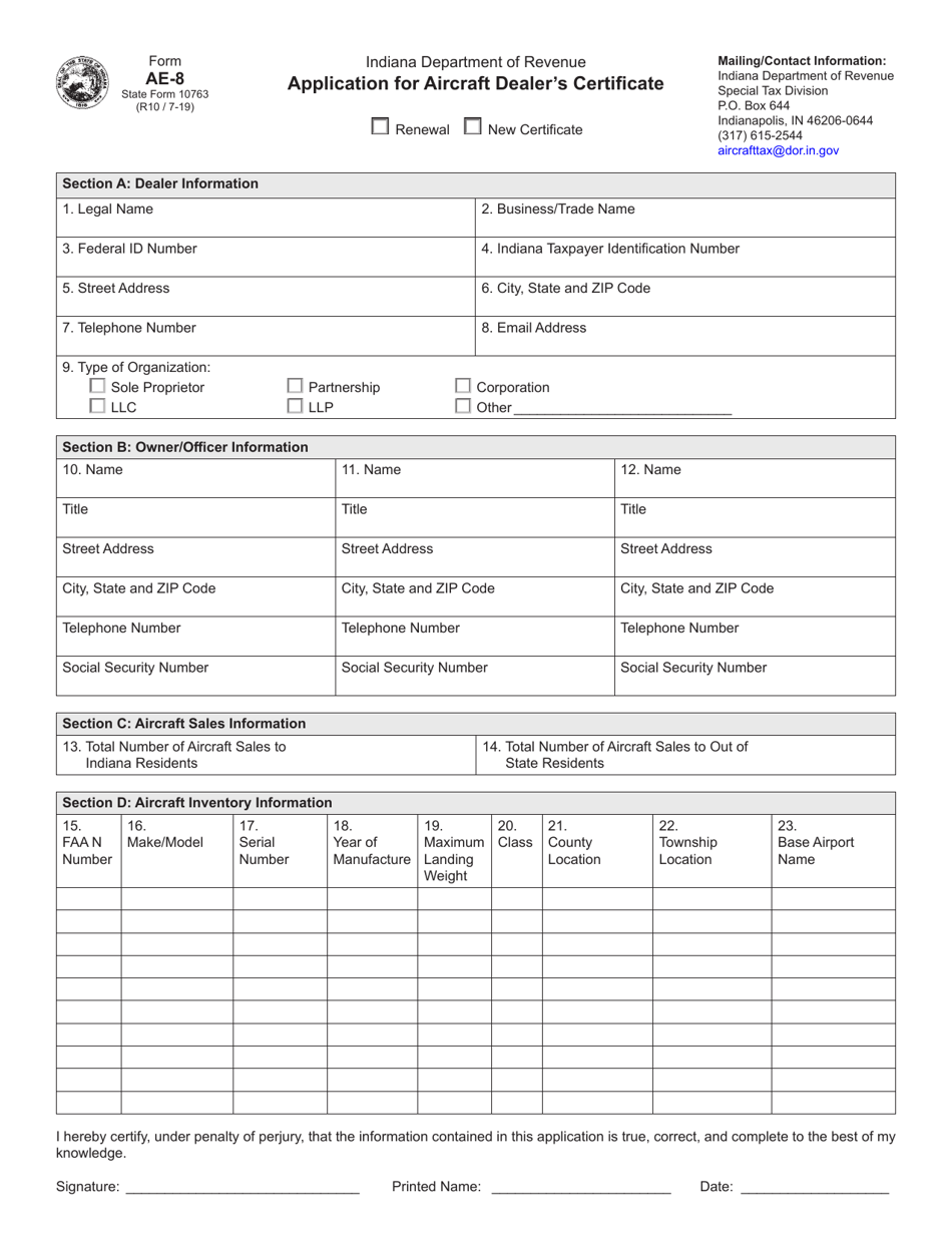 Form AE-8 (State Form 10763) Application for Aircraft Dealers Certificate - Indiana, Page 1