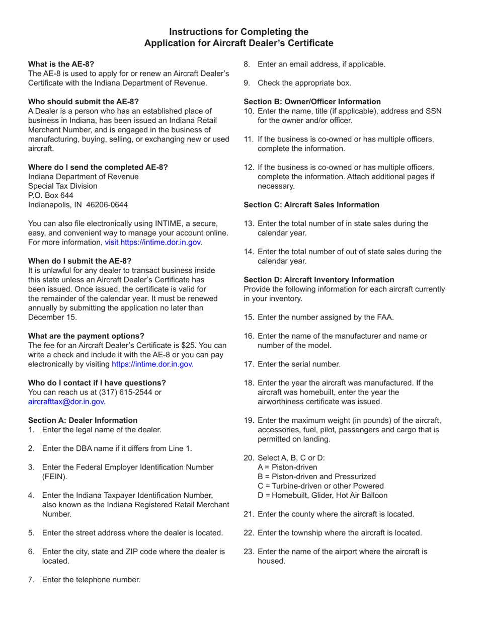 Form AE-8 (State Form 10763) Application for Aircraft Dealers Certificate - Indiana, Page 2
