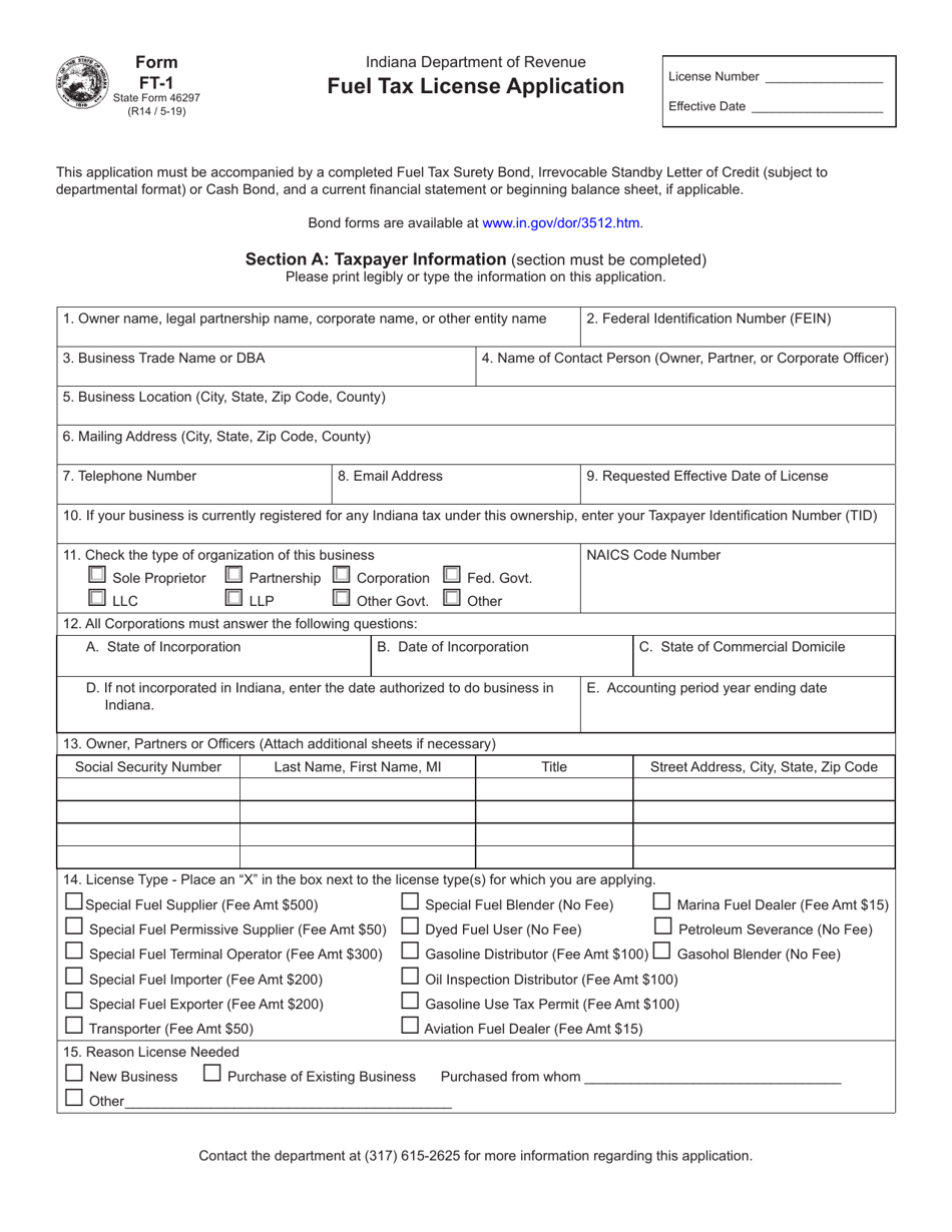 Form FT-1 (State Form 46297) Fuel Tax License Application - Indiana, Page 1
