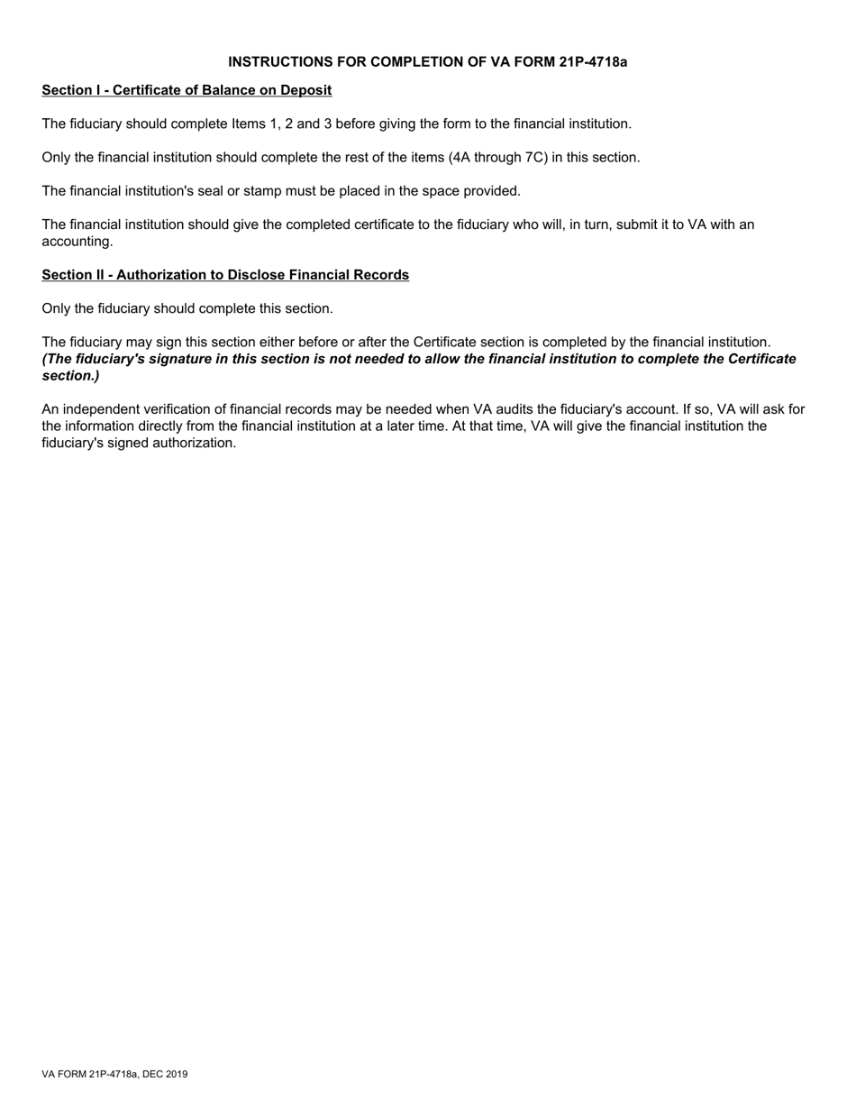 VA Form 21P-4718A Certificate of Balance on Deposit and Authorization to Disclose Financial Records, Page 2