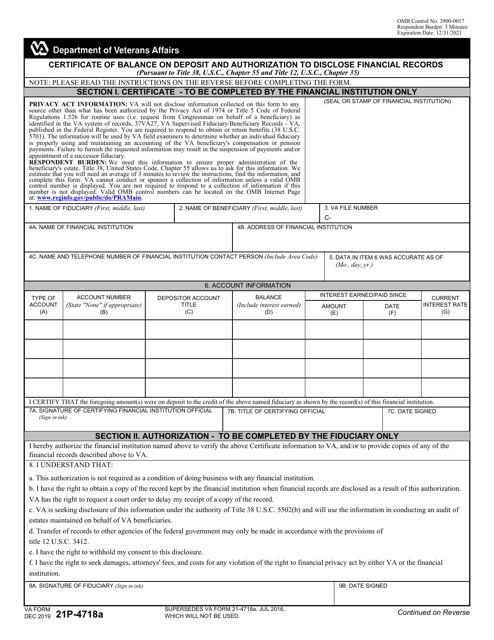 VA Form 21P-4718A  Printable Pdf